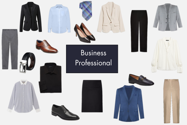 Business Professional Clothing Samples, including suit pants and jacket, dress shoes, ties, and collared shirts.