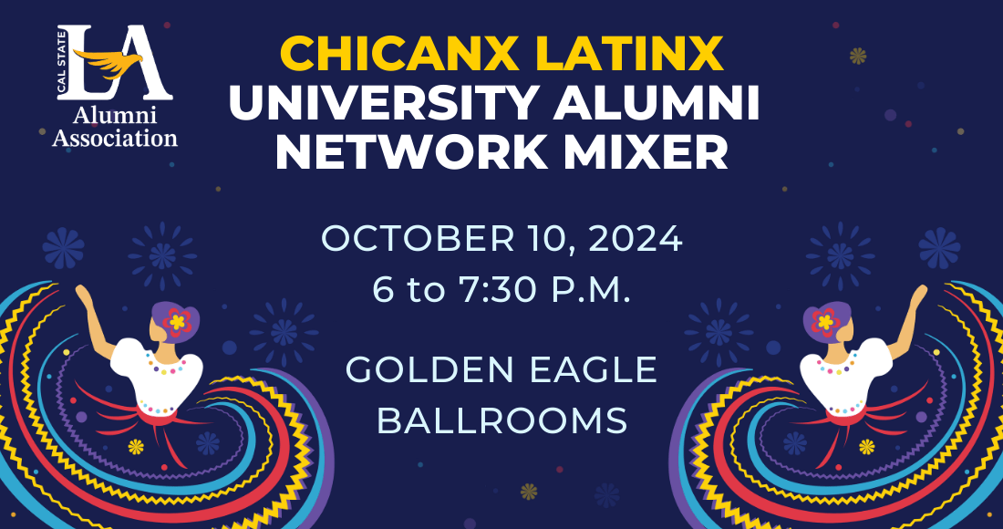 Blue background with animated folklorico dancers in bright colors. Text reads Chicanx Latinx University Alumni Network Mixer Oct, 10, 2024