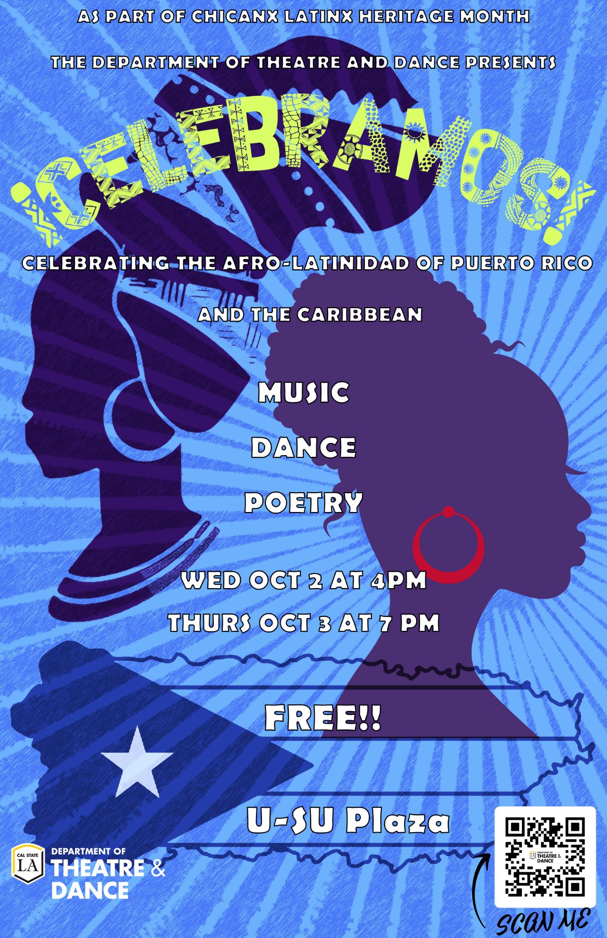 Blue background with text "!Celebramos! Celebrating the Afro-Latinidad of Puerto Rico and the Caribbean" and event information 