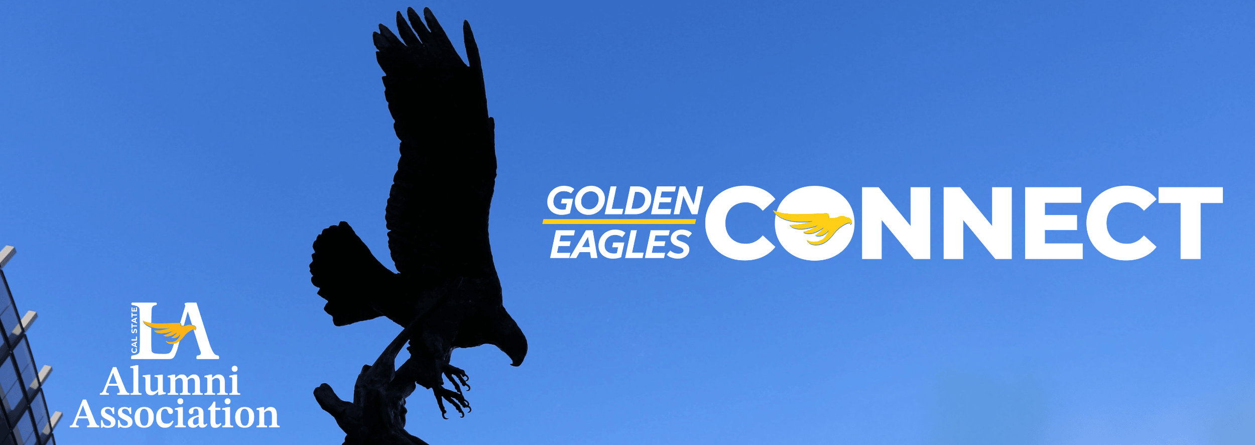 Eagle statue with blue sky as a backdrop. white text reads Golden Eagles Connect