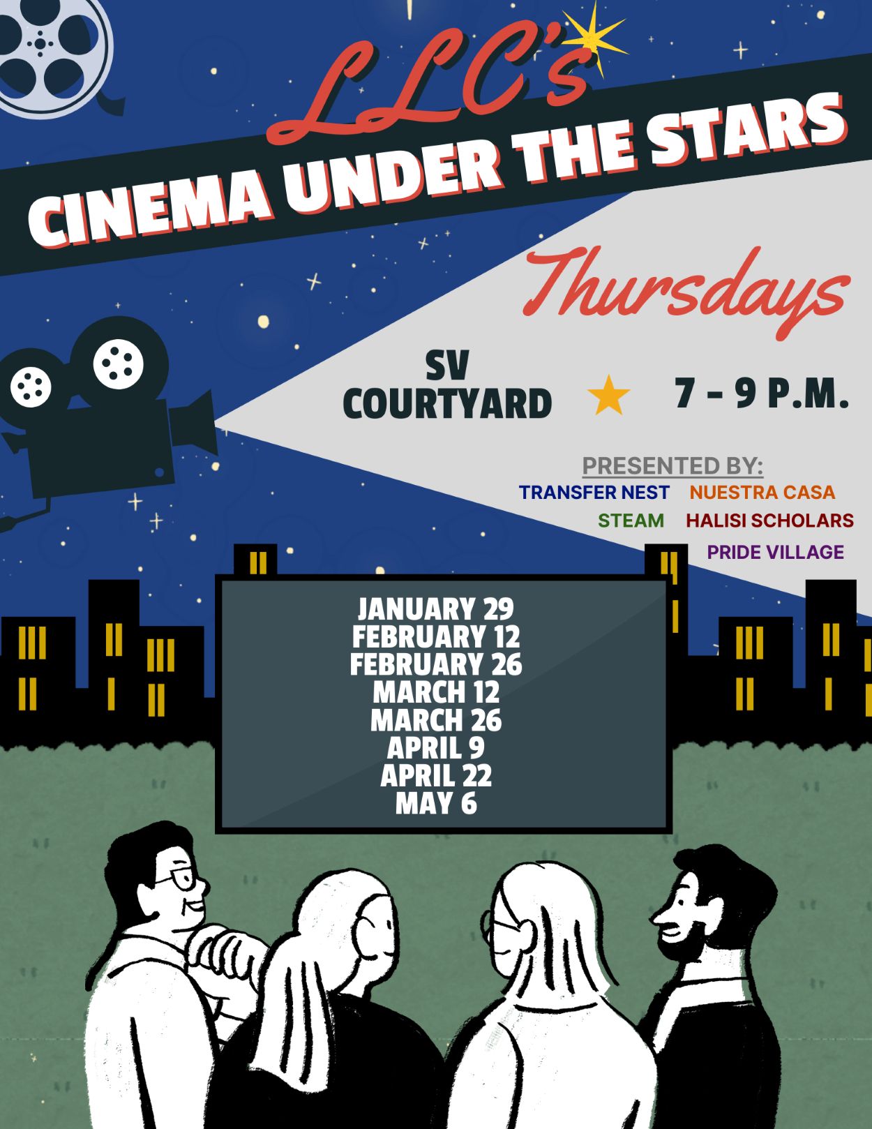 LLC’s Cinema Under the Stars on Thursdays, 7–9 p.m. at SV Courtyard, with movie nights on January 29, February 12 and 26, March 12 and 26, April 9 and 22, and May 6, presented by Transfer NEST, Nuestra Casa, STEAM, Halisi Scholars, and Pride Village.
