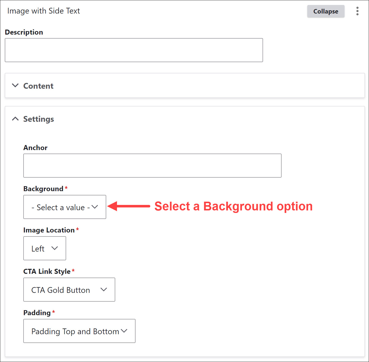 Image with Side Text design block Settings section highlighting the Background field