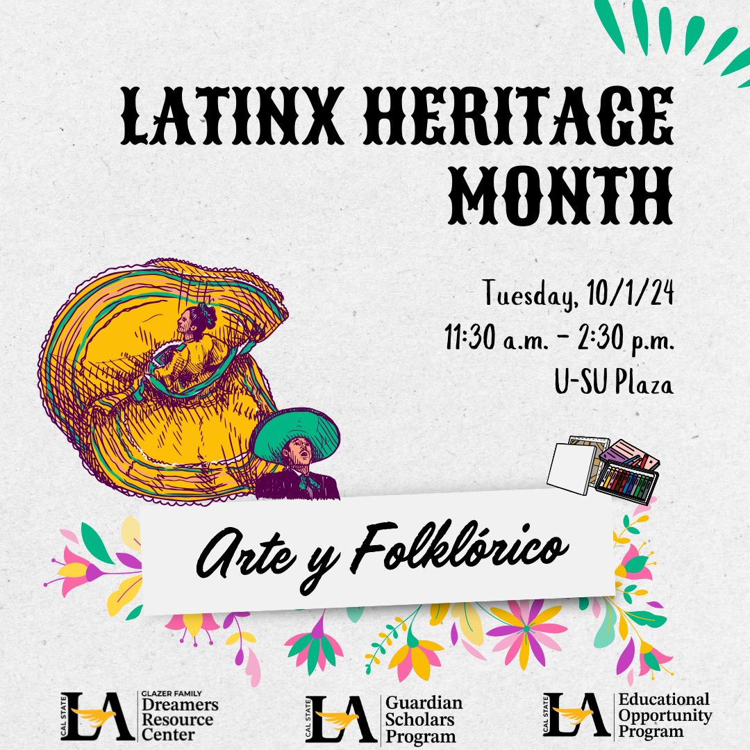 Grey background with images of a folklorico dancer and singer and art supplies with text "Latinx Heritage Month Arte y Folklorico" and event information