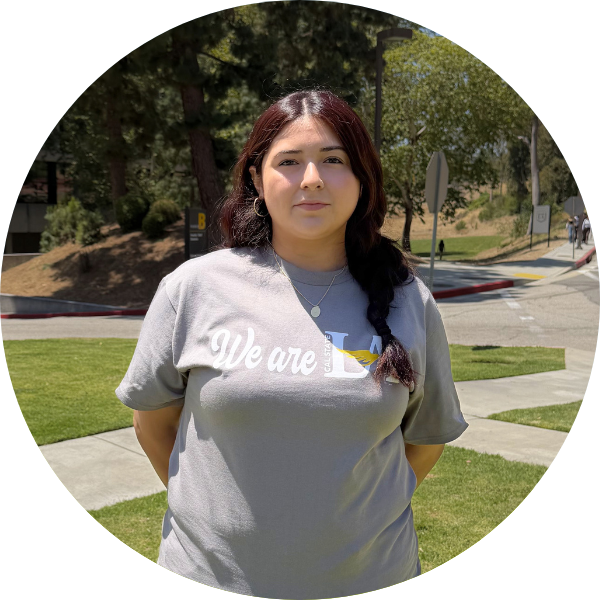 A woman with reddish brown hair wearing a grey shirt.