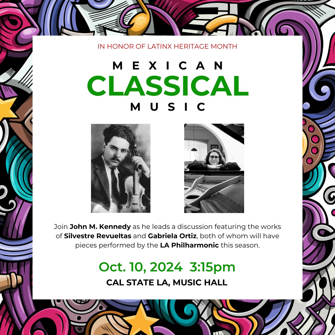 White background with colorful swirls on the left and right edge and text: "In Honor of Latinx Heritage Month: Mexican Classical Music" and event details