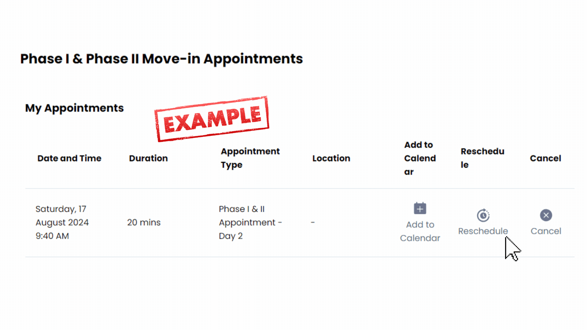 Reschedule appointment example Housing Portal