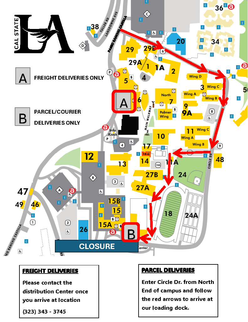 A map of Cal State LA Campus with new delivery locations and routes marked.