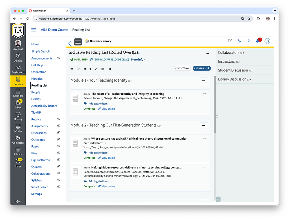Reading List in Canvas LMS