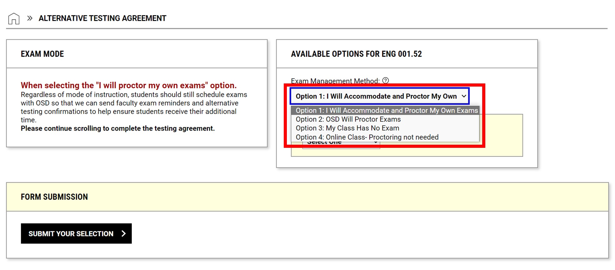 Screenshot of instructor portal page with box around option that says "Option 3: OSD Will Proctor Exams"