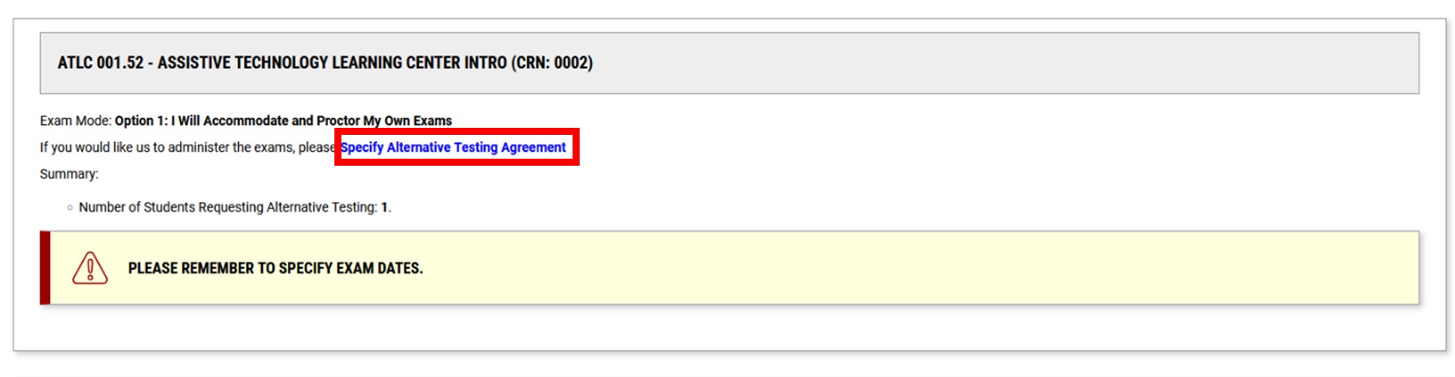 Screenshot of Course red box around specify Alternative Testing Agreement option.