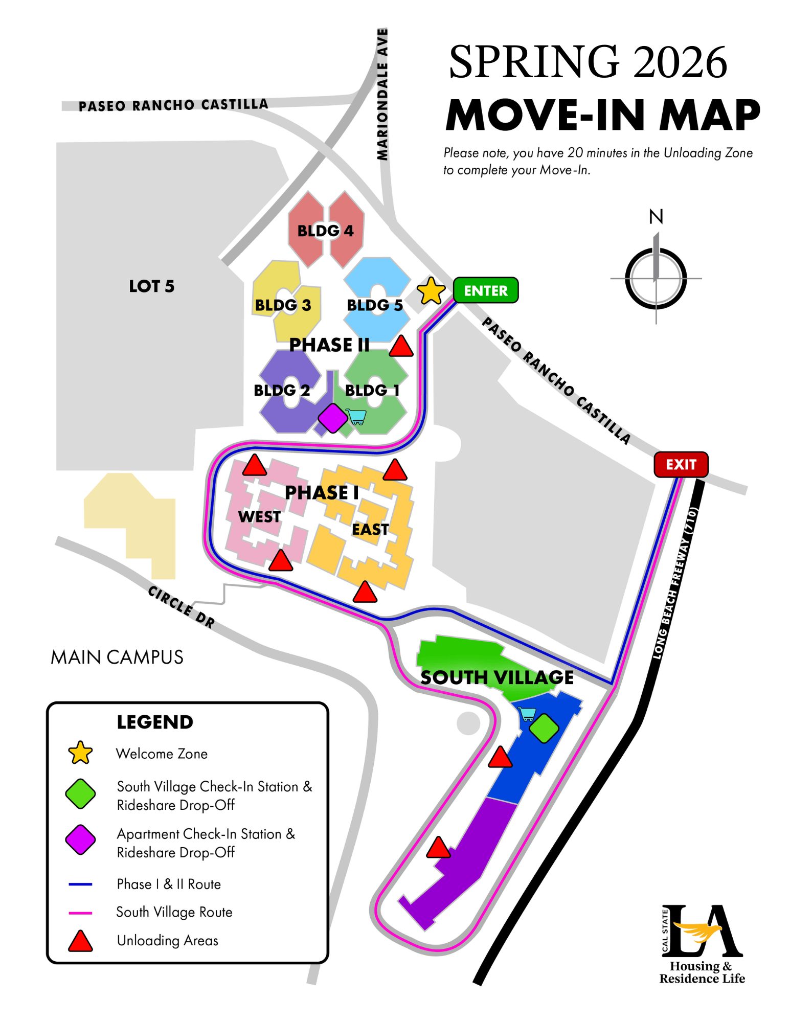 Spring 2026 Move-In map. Shows the locations for move in and what location to do so.