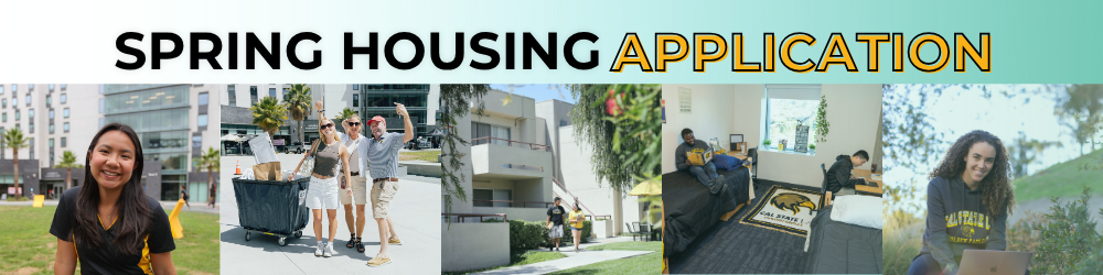 A series of students and parents in front of Housing, or in their rooms, on campus. Spring Housing Application.