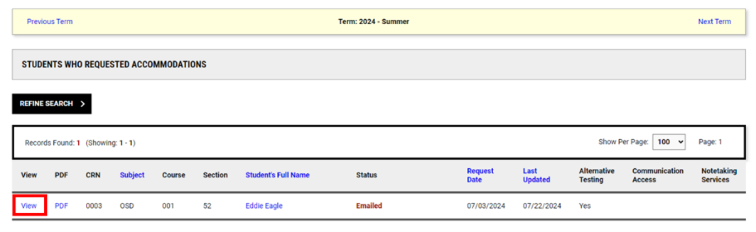 Screenshot of overview instructor page with student accommodation information and a red box around the View option next to one of the students.