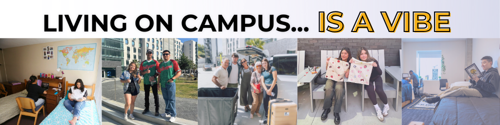 LIVING ON CAMPUS… IS A VIBE. Students studying in a residence hall room, students wearing green shirts standing outside on campus, a group of students moving in with luggage, two students holding decorated pillows in a common area, and a student relaxing on a bed using a laptop.
