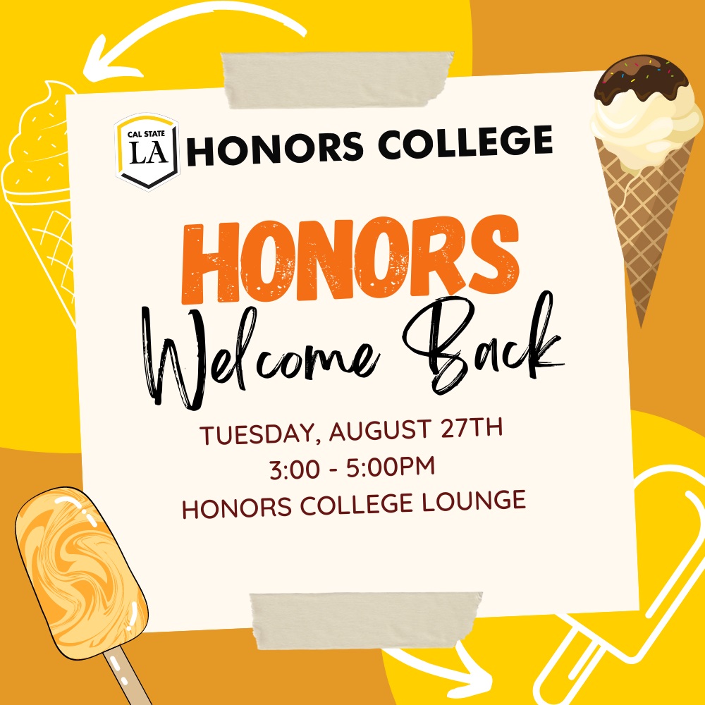 yellow background with text announcing event for honors college