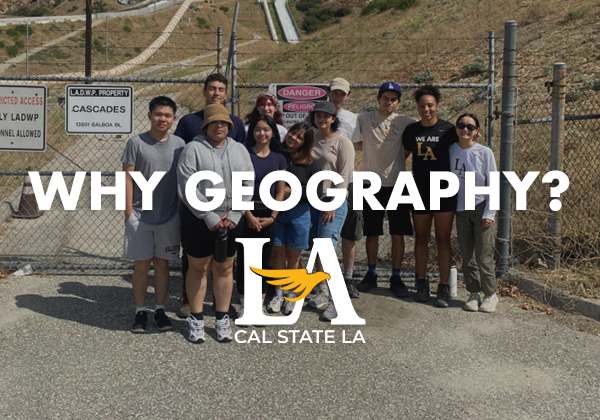 Group photo of students with the words "why geography?" overlayed on top of it