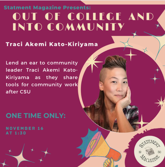 traci akemi kato-kiryama on a magenta poster with titles and details