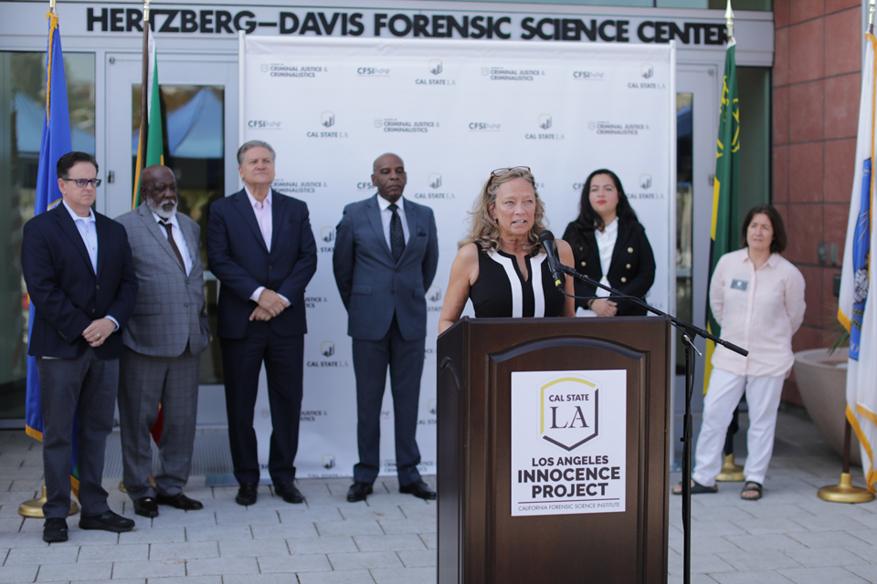 Paula Mitchell, director of the Los Angeles Innocence Project at Cal State LA, speaks during a news conference on Aug. 19