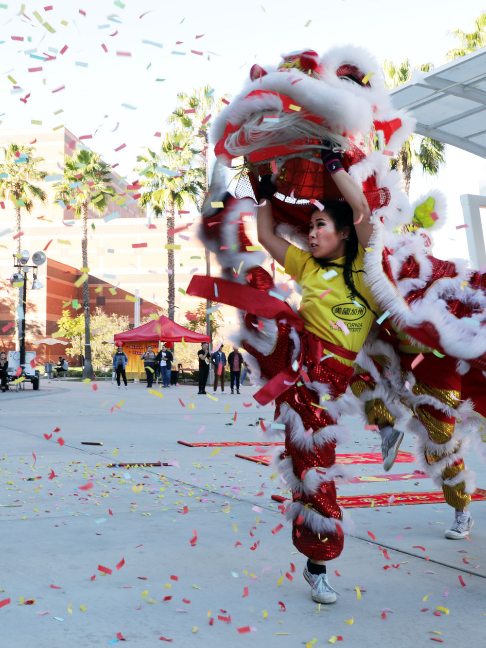 A dancer performing in a red dragon costume.