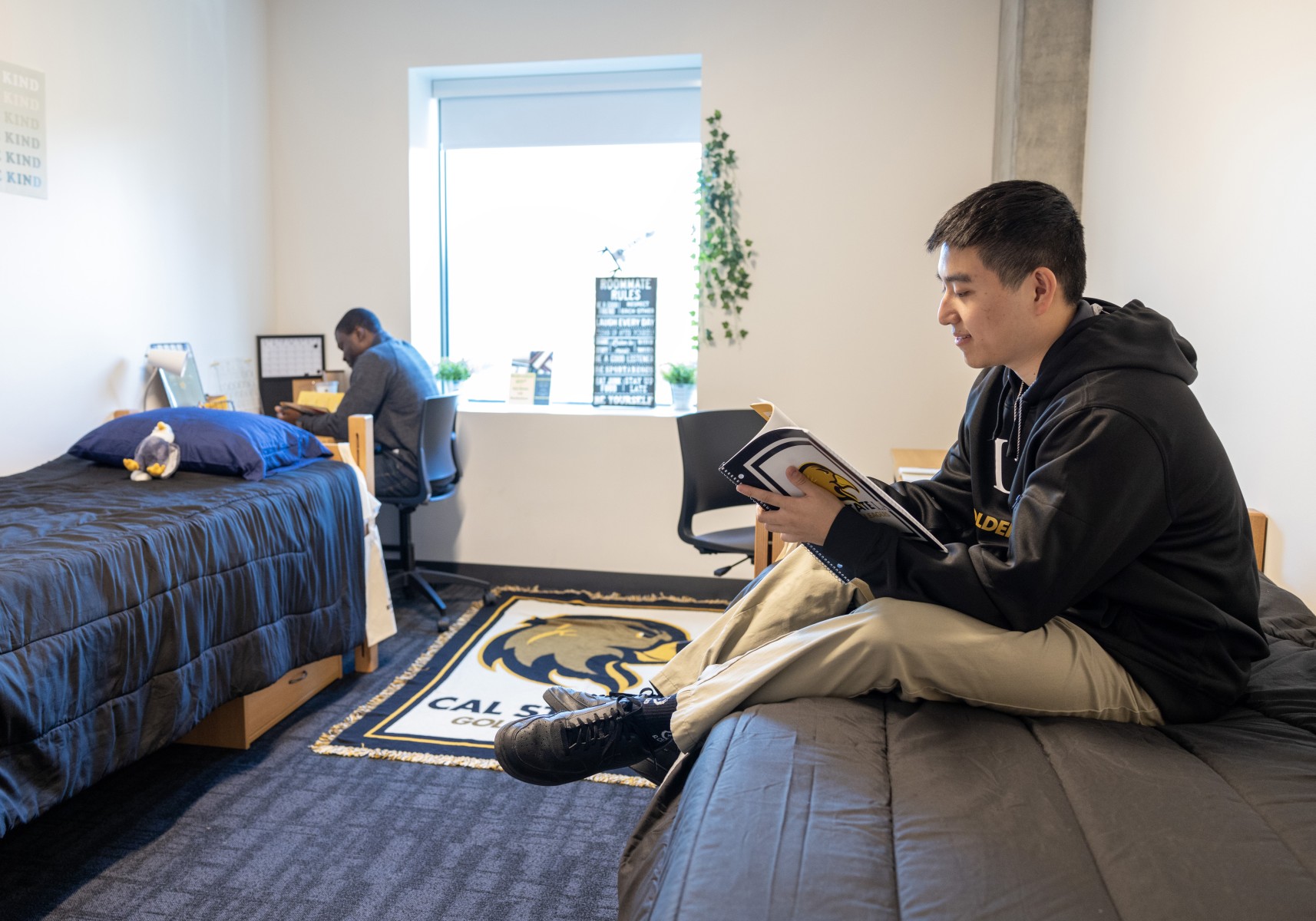 Student sitting on their bed reading, their roommate sits at a desk.