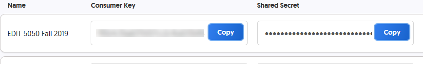 Title: Integration keys - Description: This shows the grid, consumer key and shared key.