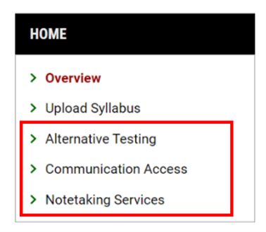 Screenshot of Home section of instructor profile with red box around the options for Alternative Testing, Communication Access, and Notetaking Services. 