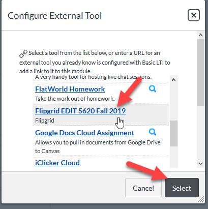 Title: External tools list - Description: Scroll down until you find Flipgrid and click Select.