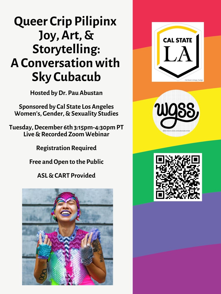 Rainbow themed with event information and a portrait of Sky throwing xyr head back while laughing very hard. They are wearing ge