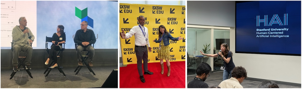 Ji Son at several speaking engagements (Google Eng Edu, SXSW Edu, Stanford HAI)