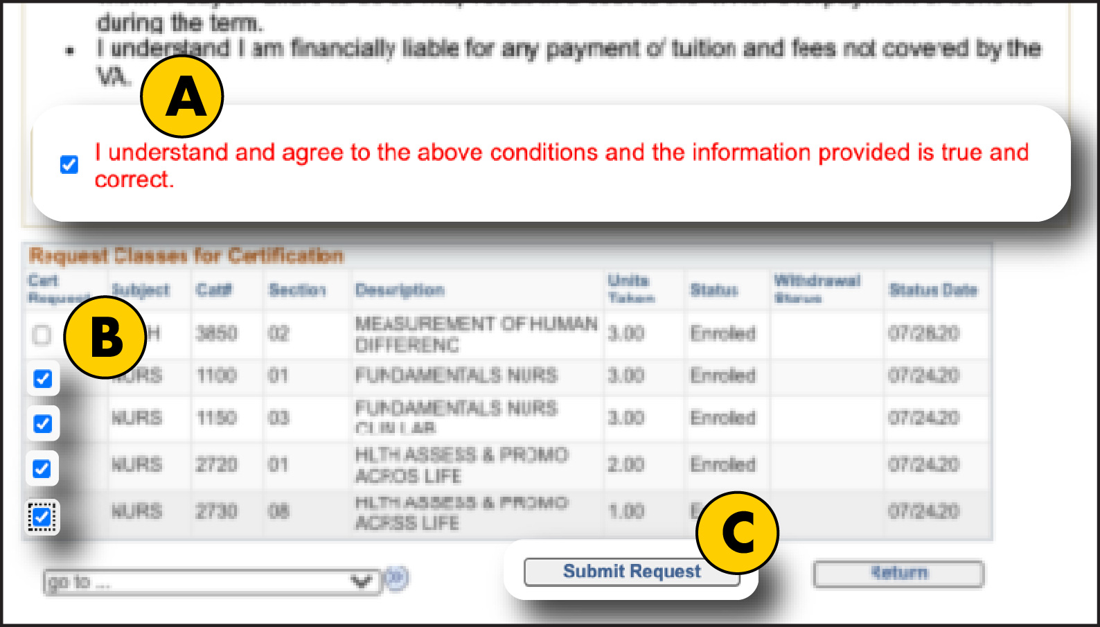 Online form, the letter A highlights read and acknowledge section, B highlights check boxes next to classes and C highlights Submit request button.