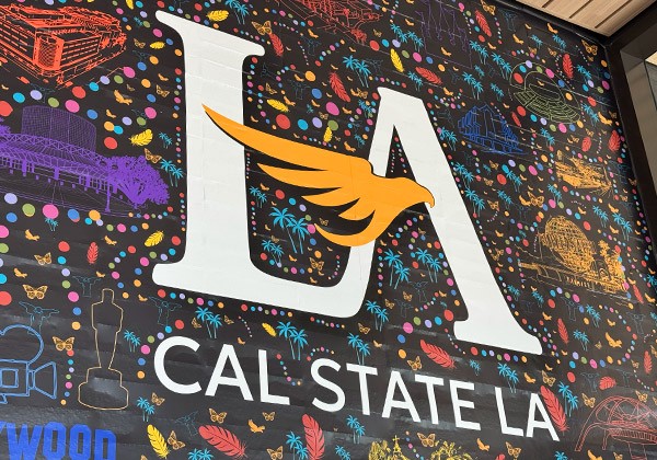 The Cal State LA logo on a brightly colored background.