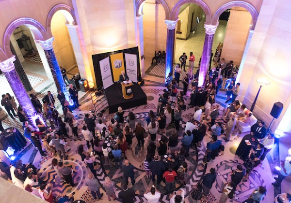 Aerial shot of 70-100 alumni at LA City Hall