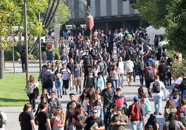 Students on Cal State LA main walkway