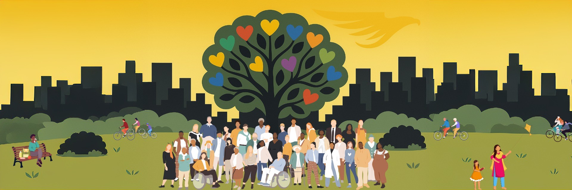 School of Social Work Landing Page Banner. It is an image located at a park setting. There is a community of diverse people standing in front of a social work tree at a park which is located in the center of the image. On the left and right side of the image are people biking, flying a kite, and having a picnic on a bench. The background is a gold sky, a black silhouette of a cityscape, and the Cal State LA eagle subtly incorporated in the gold sky.