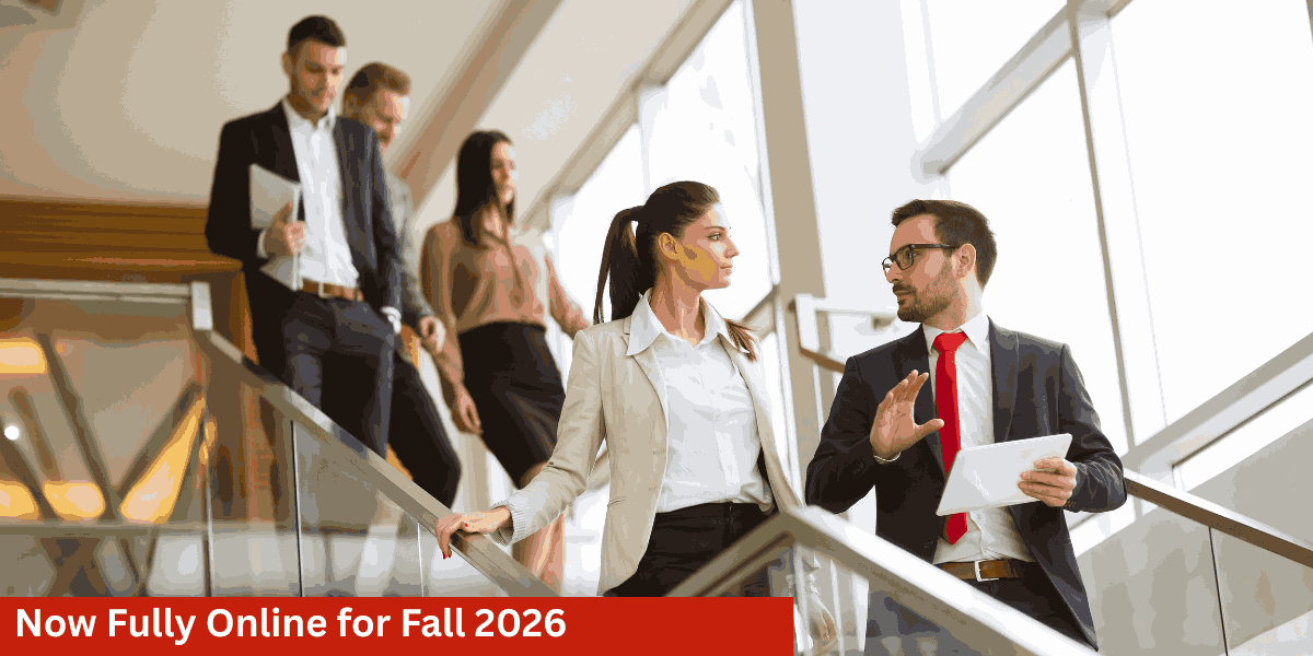 Group of people on escalator in office building chatting. 