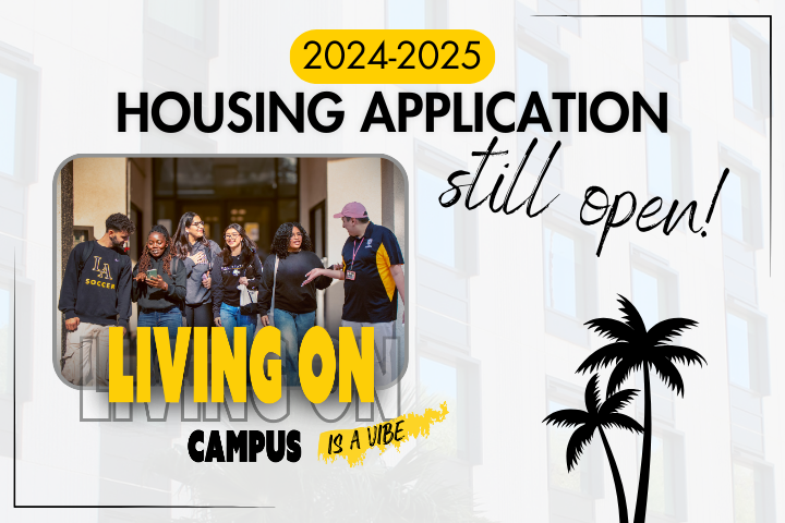 2024-2025 Housing Application Still open. Living on campus is a vibe. Students laughing in front of Housing.