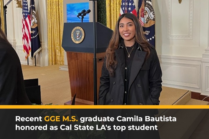 Camila Bautista, recent GGE M.S. graduate, standing in front of the presidential podium and flags at the White House.