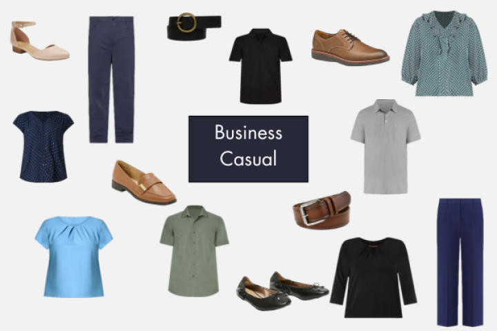 Business Casual Clothing Samples, including dark pants, button shirts, and business shoes.