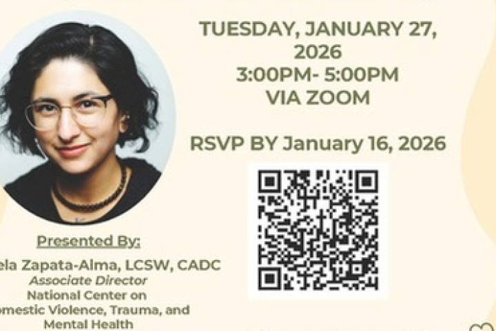 Light beige flyer with profile photo of event's speaker and event description.