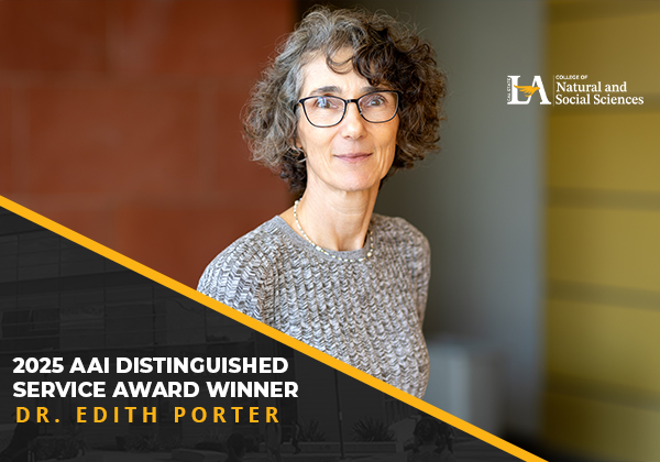 Dr. Edith Porter, recipient of the 2025 AAI Distinguished Service Award, posing for a professional portrait with a branded Cal State LA College of Natural and Social Sciences banner overlay