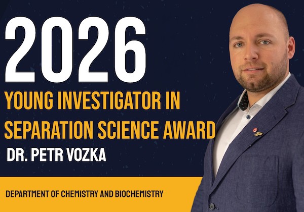 Graphic announcing the 2026 Young Investigator in Separation Science Award, featuring a portrait of Dr. Petr Vozka and identifying him as the award recipient from the Department of Chemistry and Biochemistry