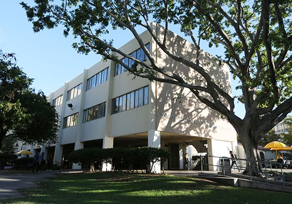 King Hall with a tree in the front right side of photo