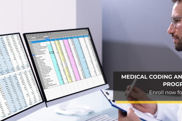 Man in a white medical coat working at a computer, analyzing medical coding and billing data in a healthcare office setting.
