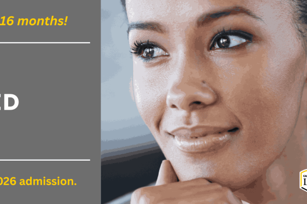 Smiling business woman. Cal State LA Downtown logo. Earn your MBA in 16 months. 