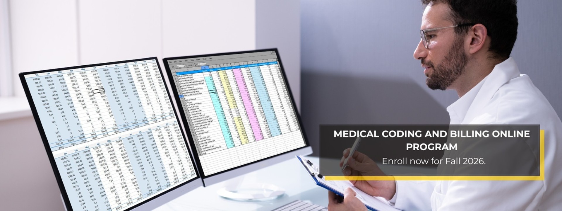 Man in a white medical coat working at a computer, analyzing medical coding and billing data in a healthcare office setting.