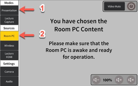 Touch panel home screen with Presentation mode and Room PC source selected