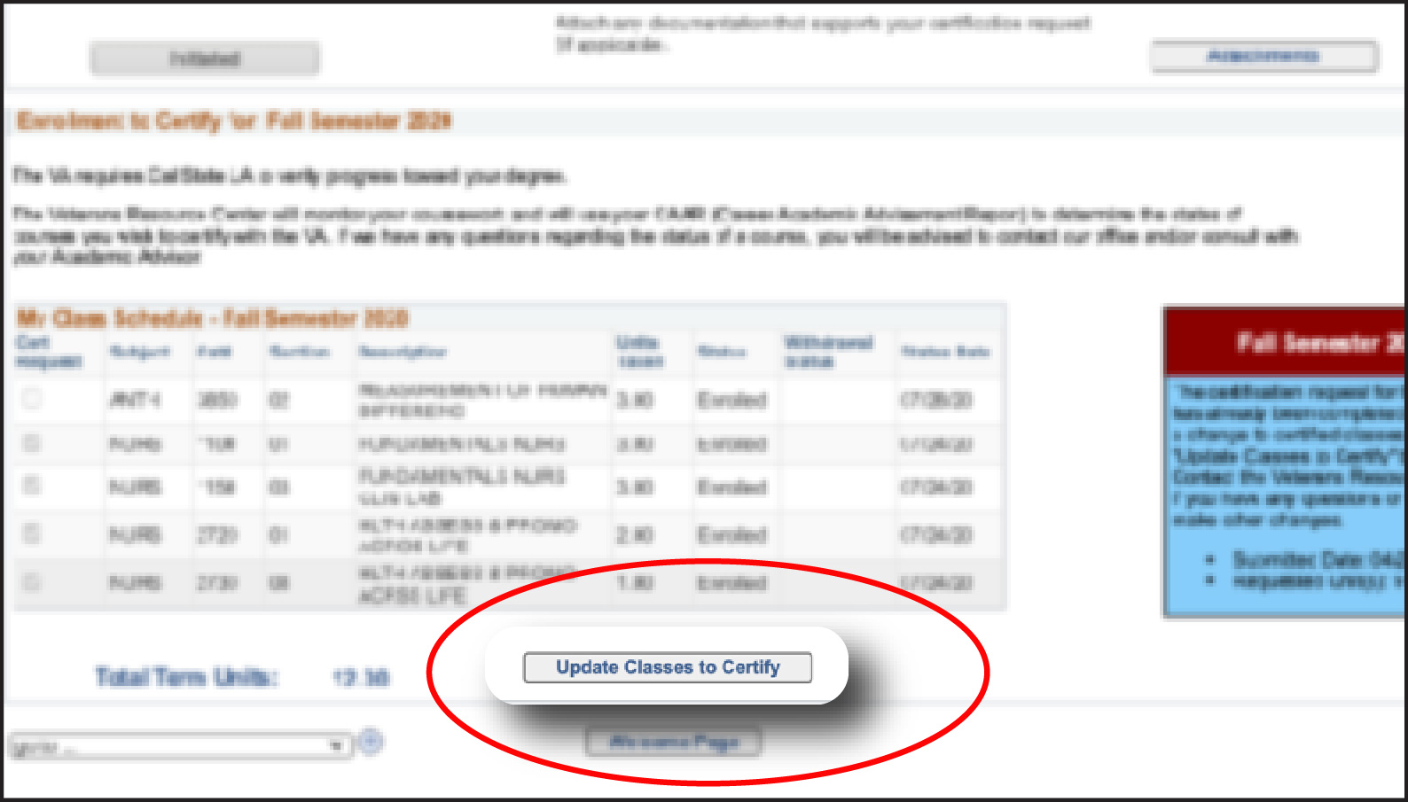 Online form, circle around update classes to certify button